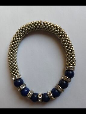 Vintage Cobalt Blue & Silver Silver Beaded Bracelet with Navy Blue Accent Beads